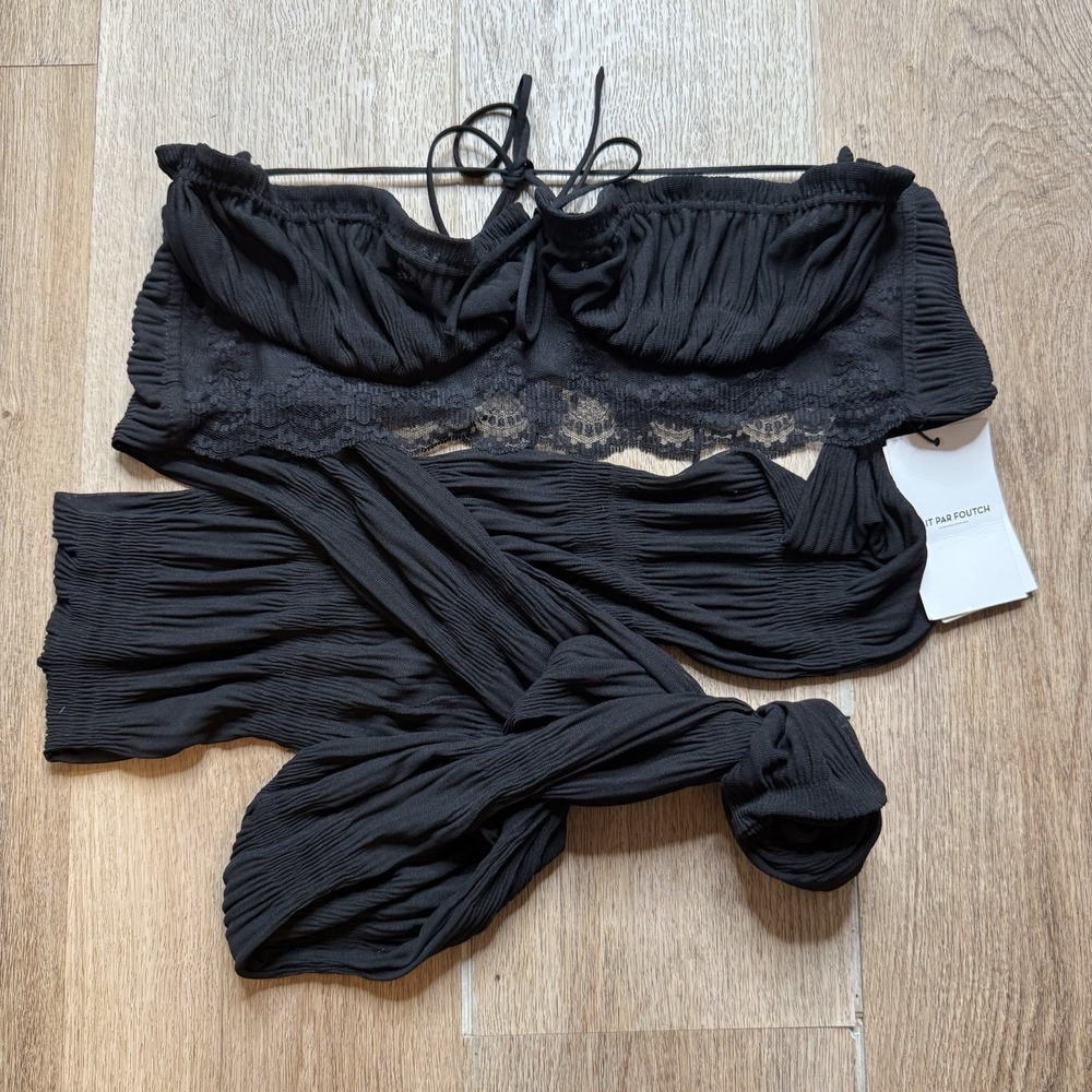 Fait Par Foutch Black Ruched lace wrap top M / L NWT